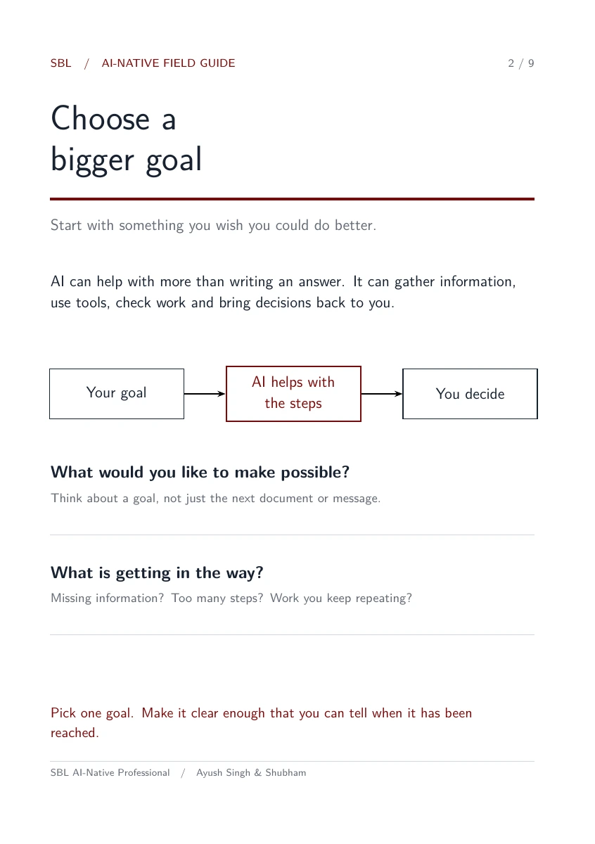Page 2: a simple goal, steps and decision diagram with two questions for your own work.