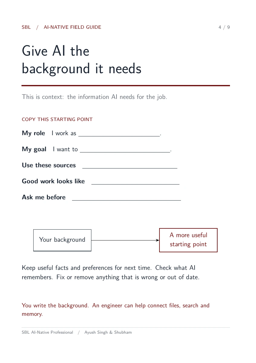 Page 4: fill in your role, goal, sources, standards and approval rules.